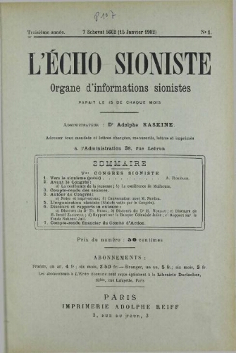 L'Echo Sioniste. Vol. 3 n° 1 (15 janvier 1902)